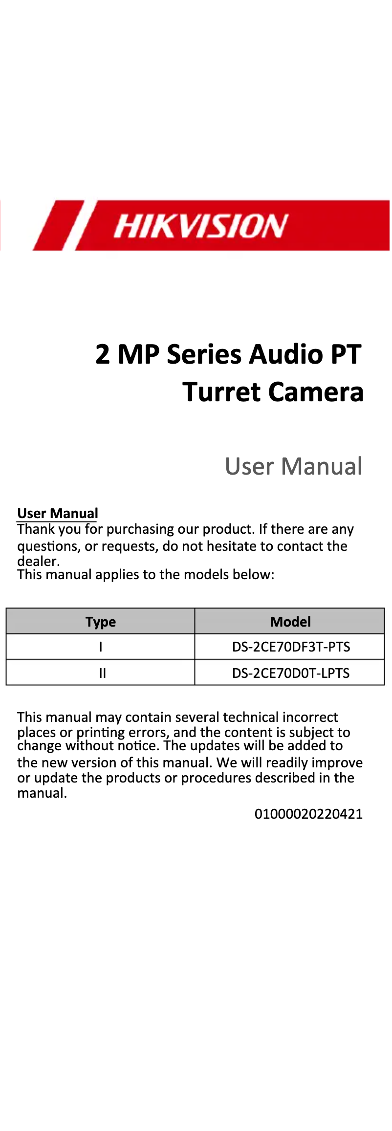 First page image of the manual for DS-2CE70DF3T-PTS