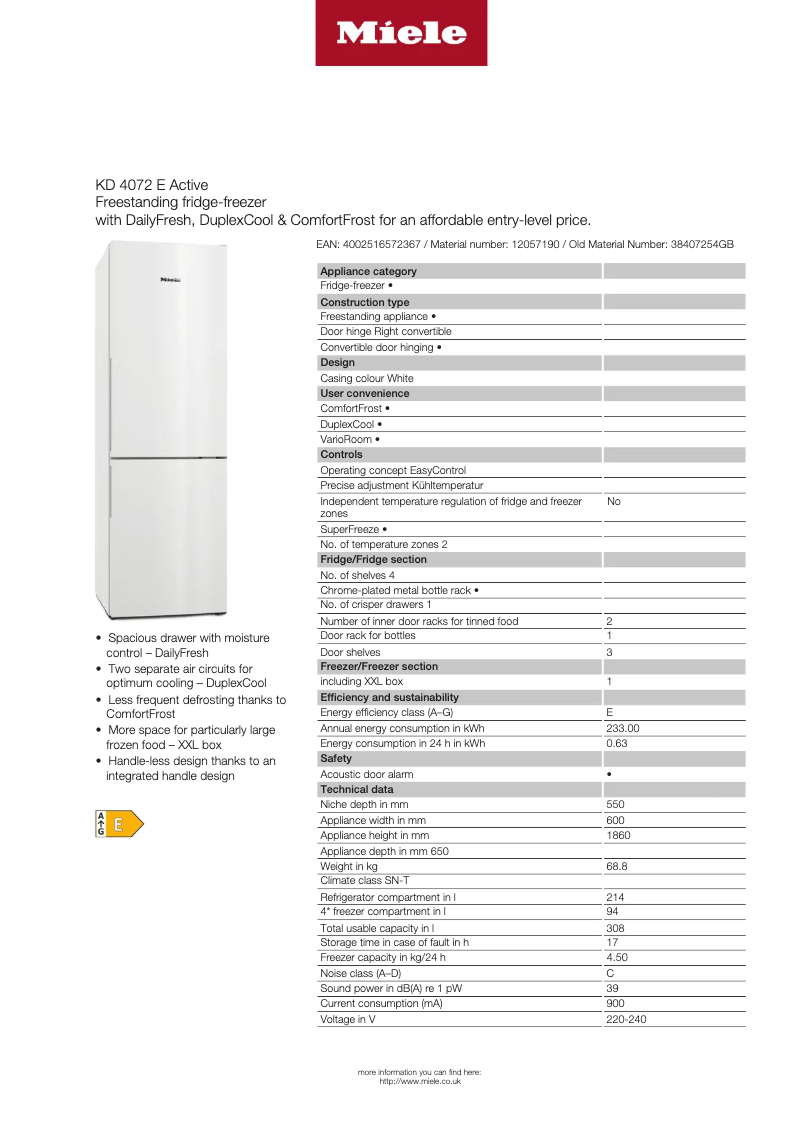 Page 1 of the manual Technical Sheet Miele KD 4072 E Active