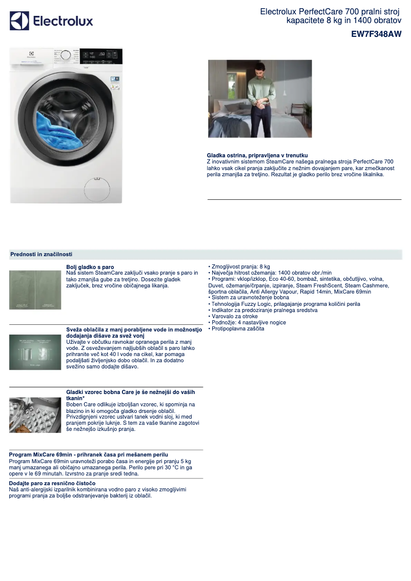 Page 1 of the manual Technical Sheet Electrolux EW7F348AW