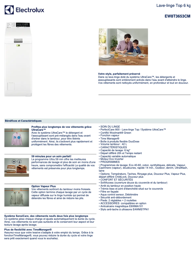 Page 1 of the manual Technical Sheet Electrolux EW8T3653CM