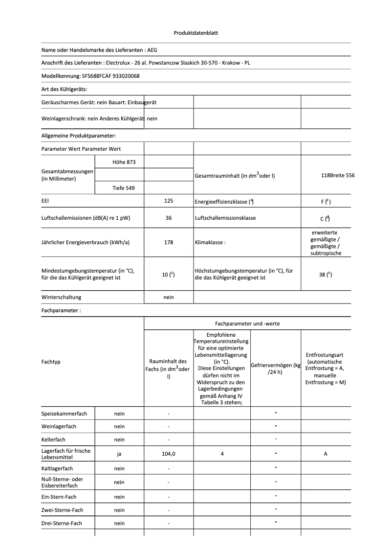 Page 1 of the manual Technical Sheet AEG SFS688FCAF