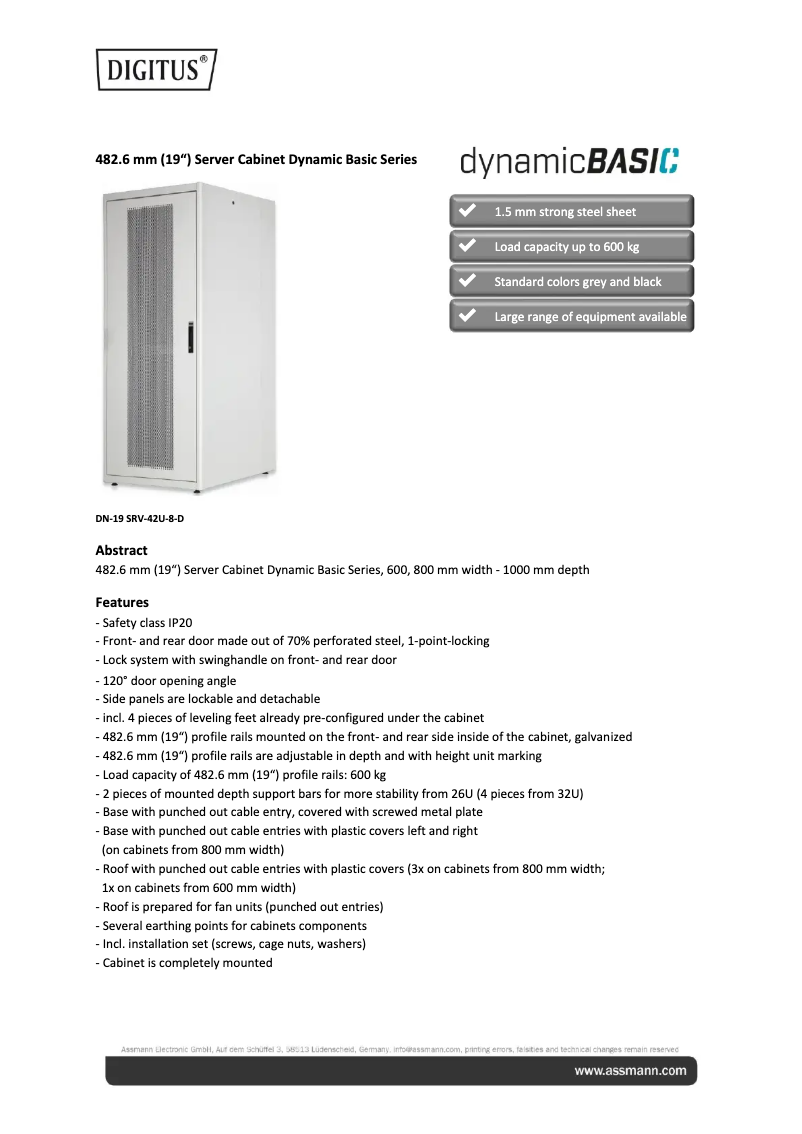 Page 1 of the manual Technical Sheet Digitus DN-19 SRV-26U-D