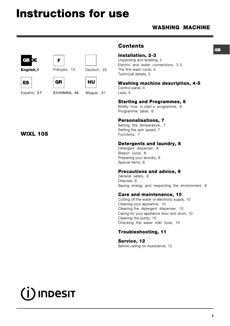 First page image of the manual for WIXL 105 (EX) (V)