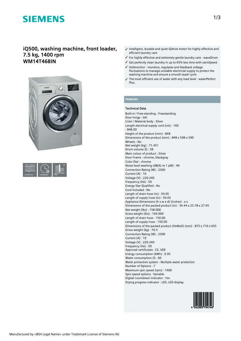 First page image of the manual for WM14T468IN