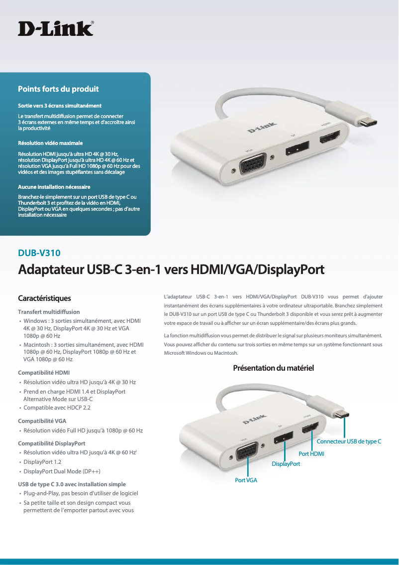 Image de la première page du manuel de l'appareil DUB-V310