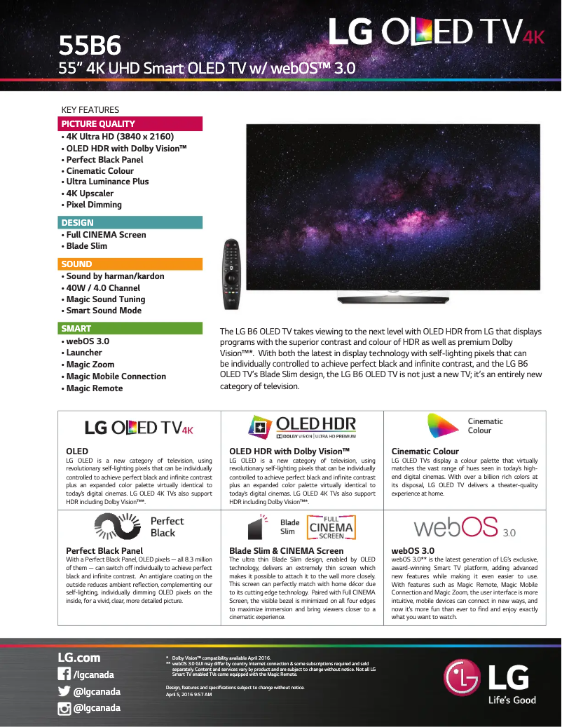 Page 1 of the manual Technical Sheet LG OLED55B6P