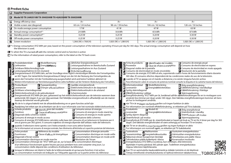 Page 1 of the manual Technical Sheet Panasonic TX-39AS500B