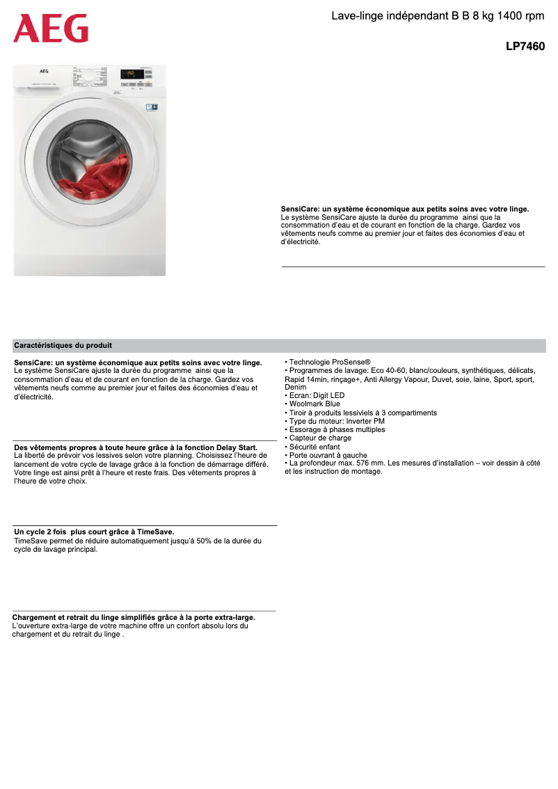 Page 1 of the manual Technical Sheet Electrolux LP7460