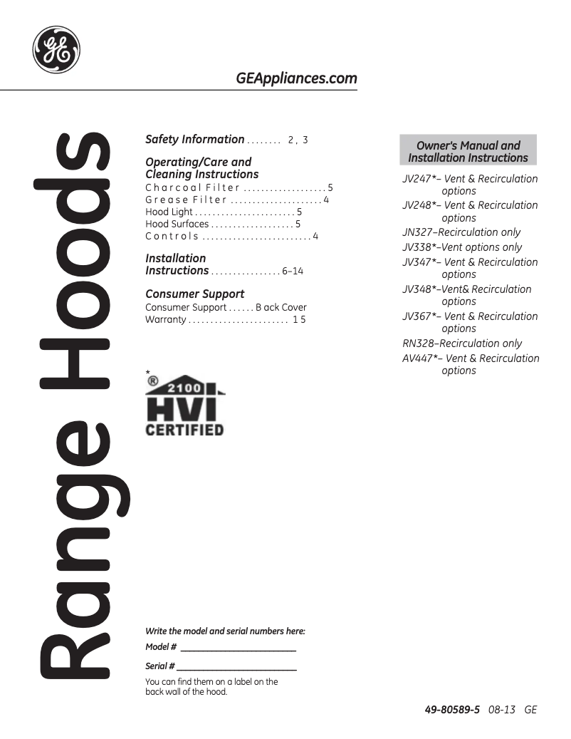 Page 1 of the manual Instruction Manual GE JV367HWW