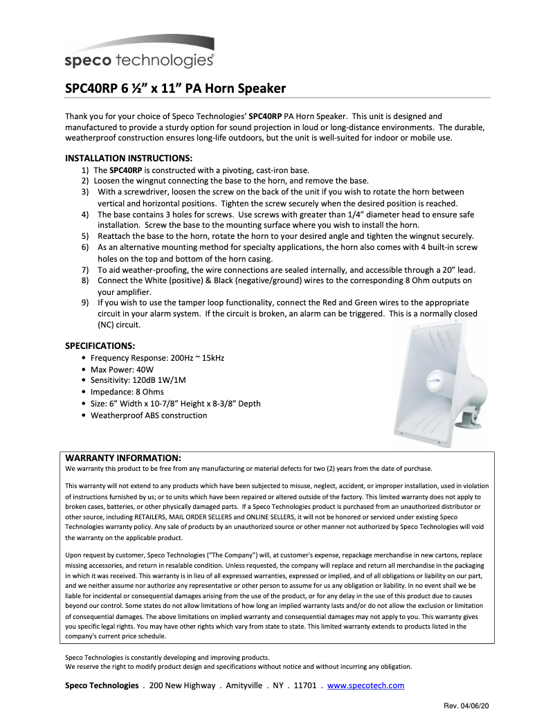 Page 1 of the manual User Manual Speco Technologies SPC40RP
