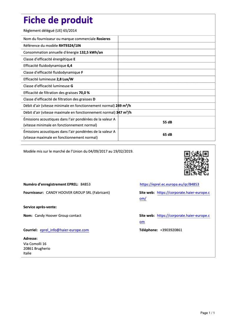 Page 1 of the manual Technical Sheet Rosieres RHT 9324/1 IN