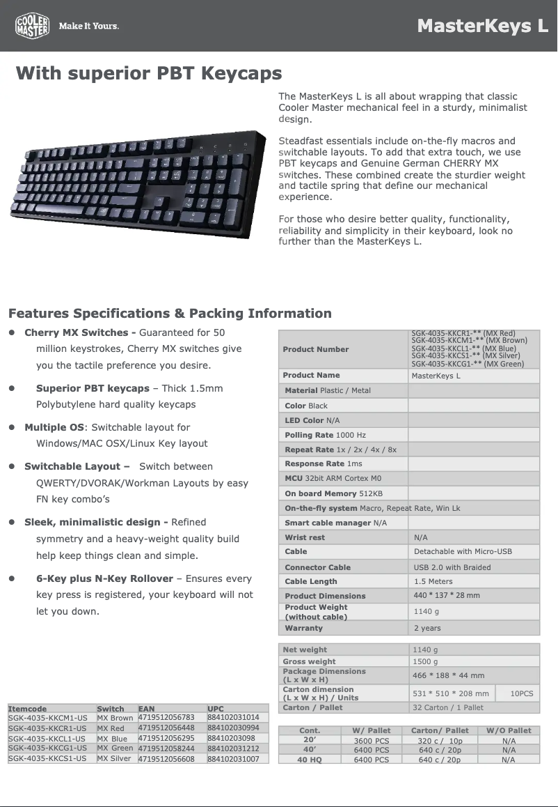 Page 1 of the manual Technical Sheet Cooler Master MasterKeys L