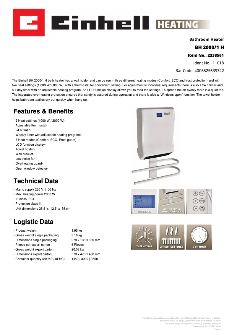 Page 1 of the manual Technical Sheet Einhell BH 2000/1 H