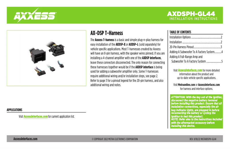 First page image of the manual for AXDSPH-GL44