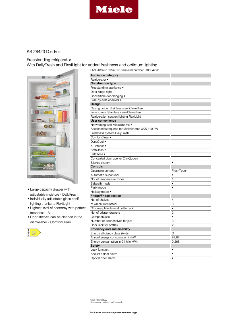 Page 1 of the manual Technical Sheet Miele KS 28423 D ED/CS