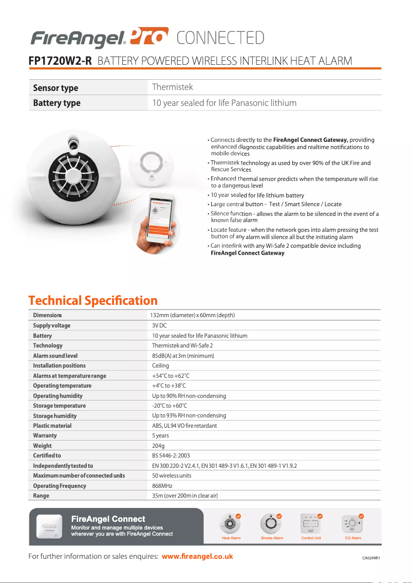 Page 1 of the manual Technical Sheet FireAngel FP1720W2-R