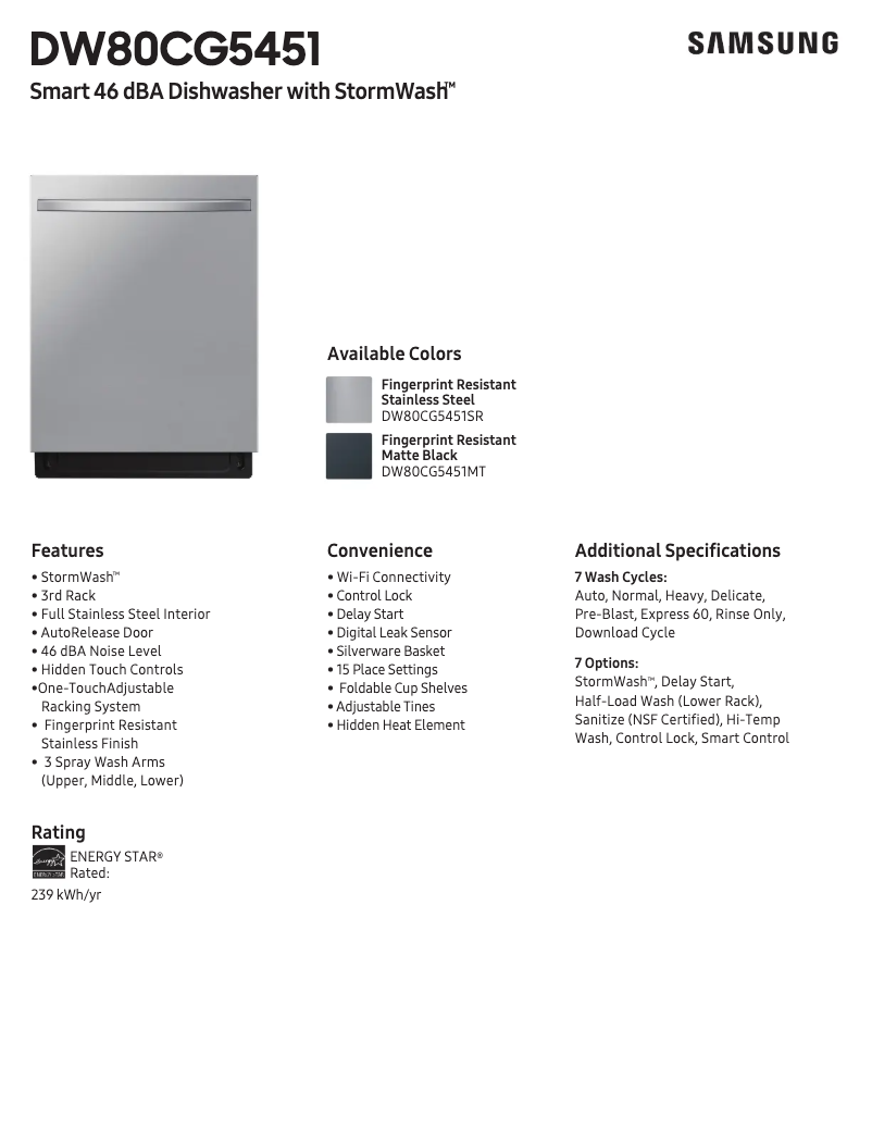 Page 1 of the manual Technical Sheet Samsung DW80CG5451SR