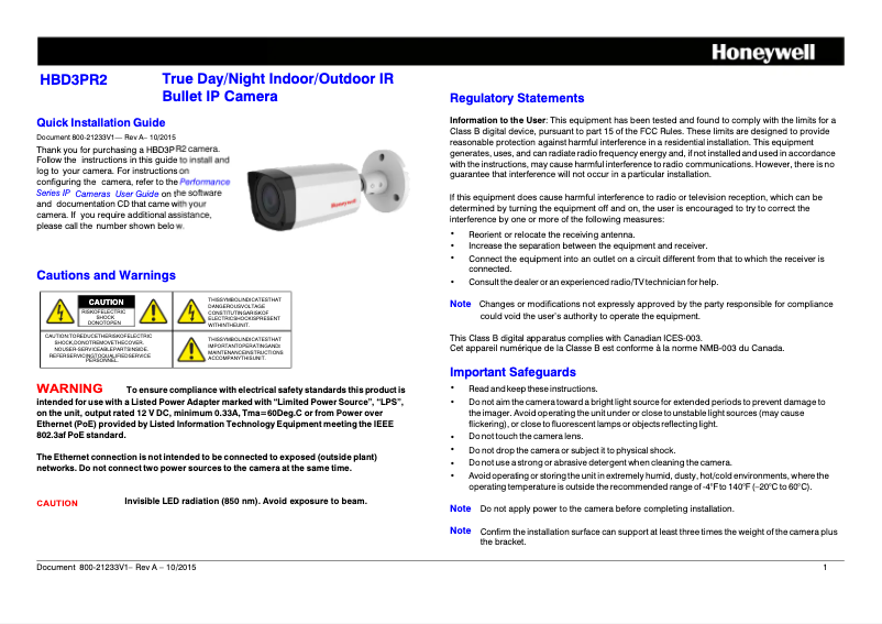 Page 1 of the manual User Manual Honeywell HBD3PR2