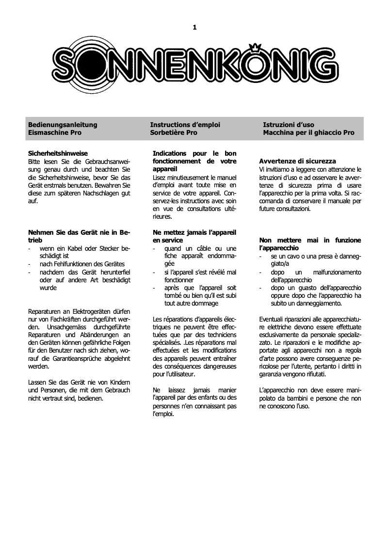 Page 1 de la notice Manuel utilisateur Sonnenkönig Ice Pro