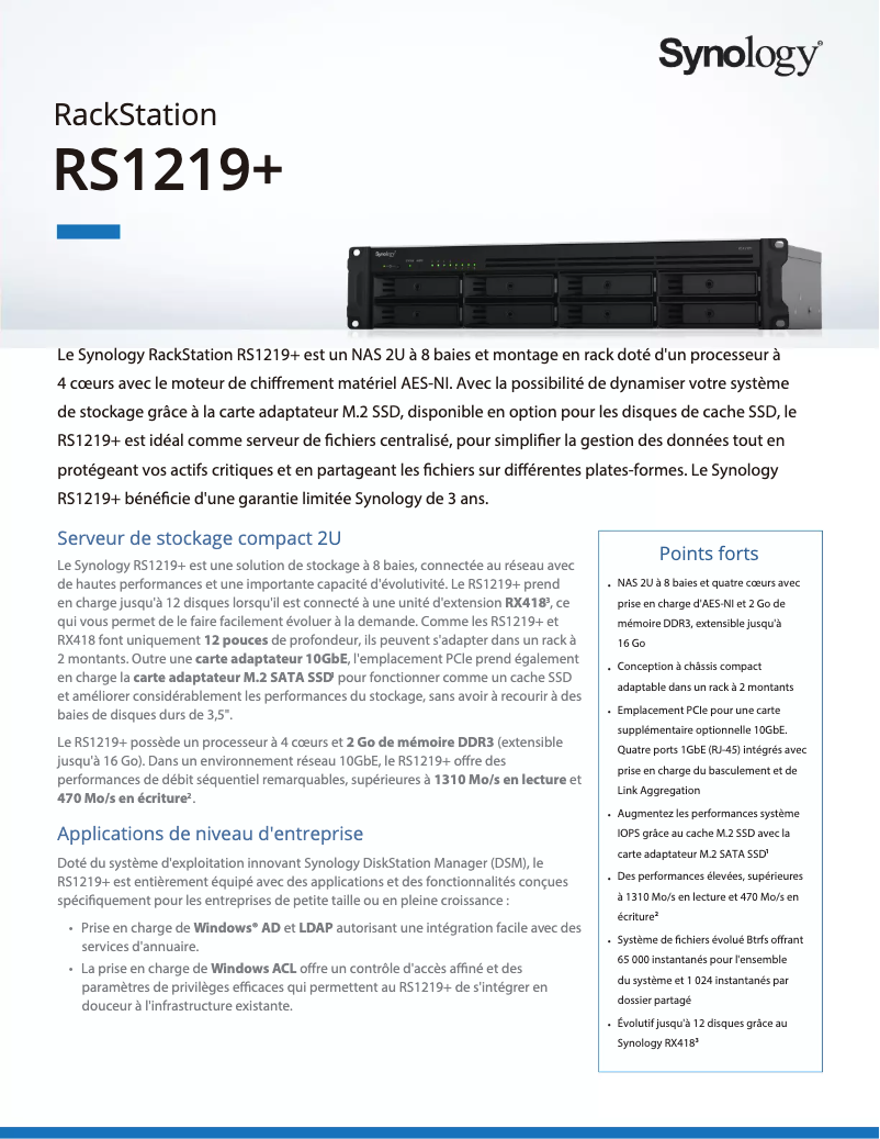 Page 1 de la notice Fiche technique Synology RS1219+