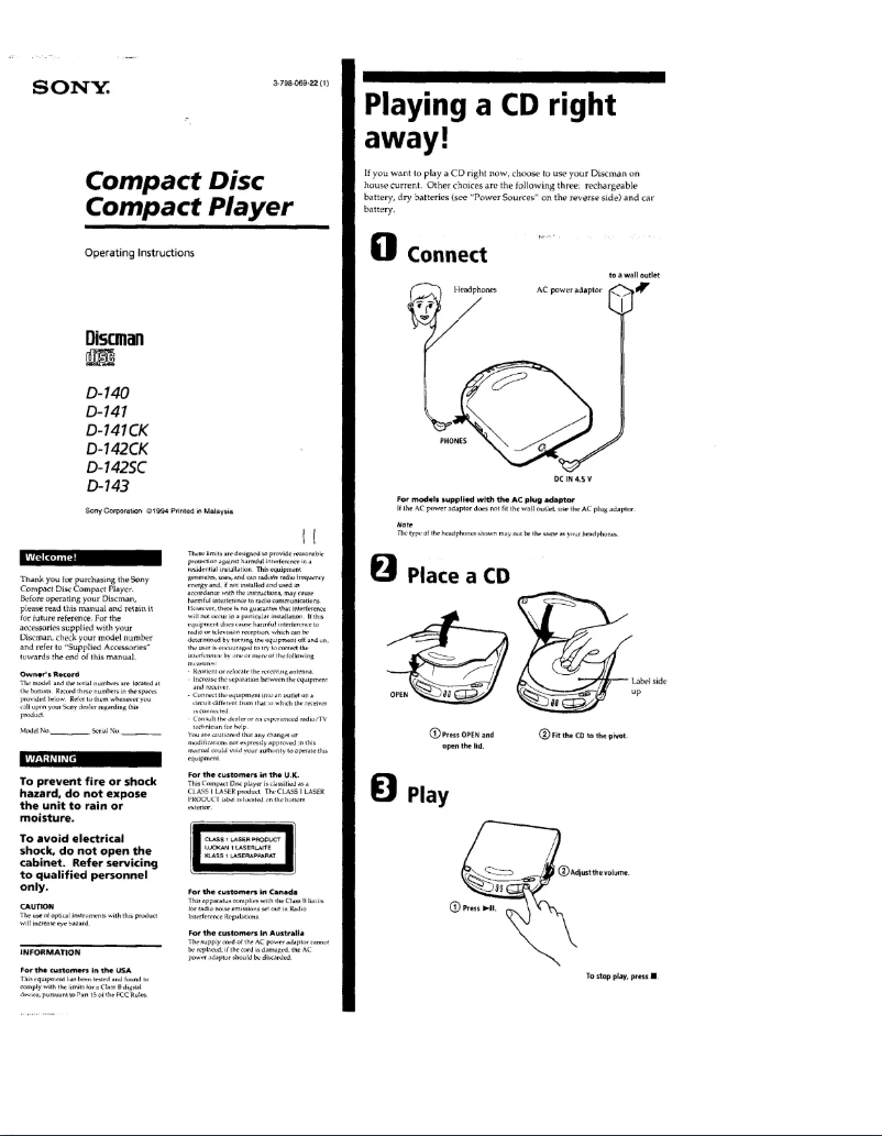 First page image of the manual for Discman D-140