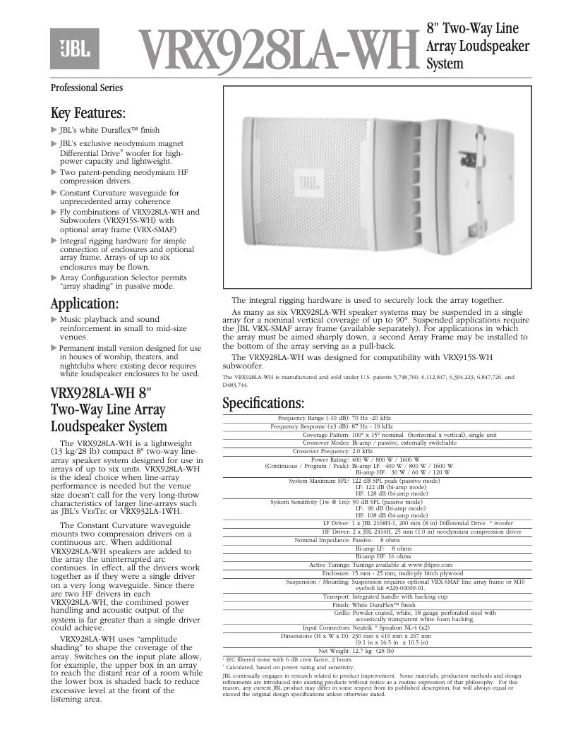 Page 1 of the manual Technical Sheet JBL VRX928LA