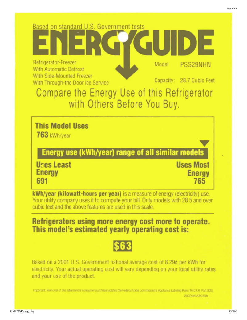 Page 1 of the manual Energy Label GE PSS29NHNCC