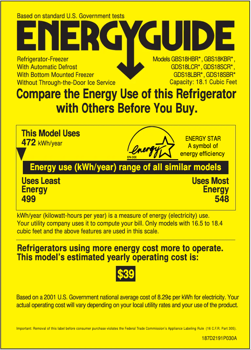 Page 1 of the manual Energy Label GE GDS18SCRLSS