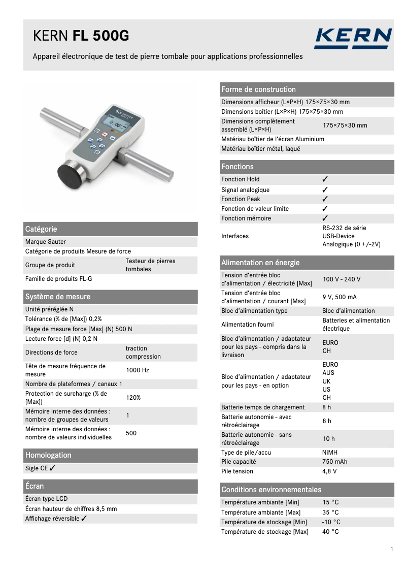 Page 1 of the manual Technical Sheet Kern FL 500G