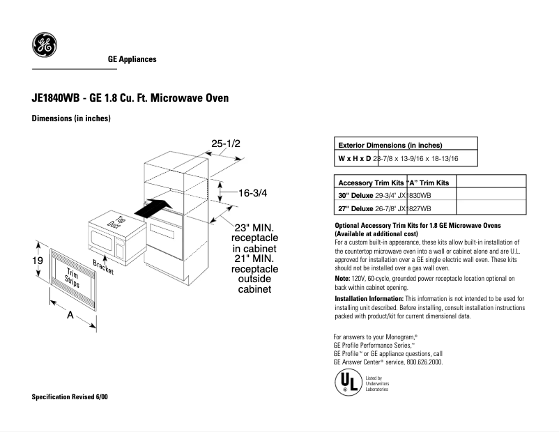 Page 1 of the manual Technical Sheet GE JE1840WB