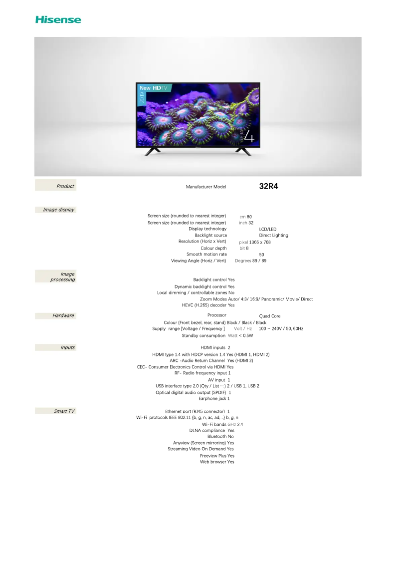 Page 1 of the manual Technical Sheet Hisense 32R4