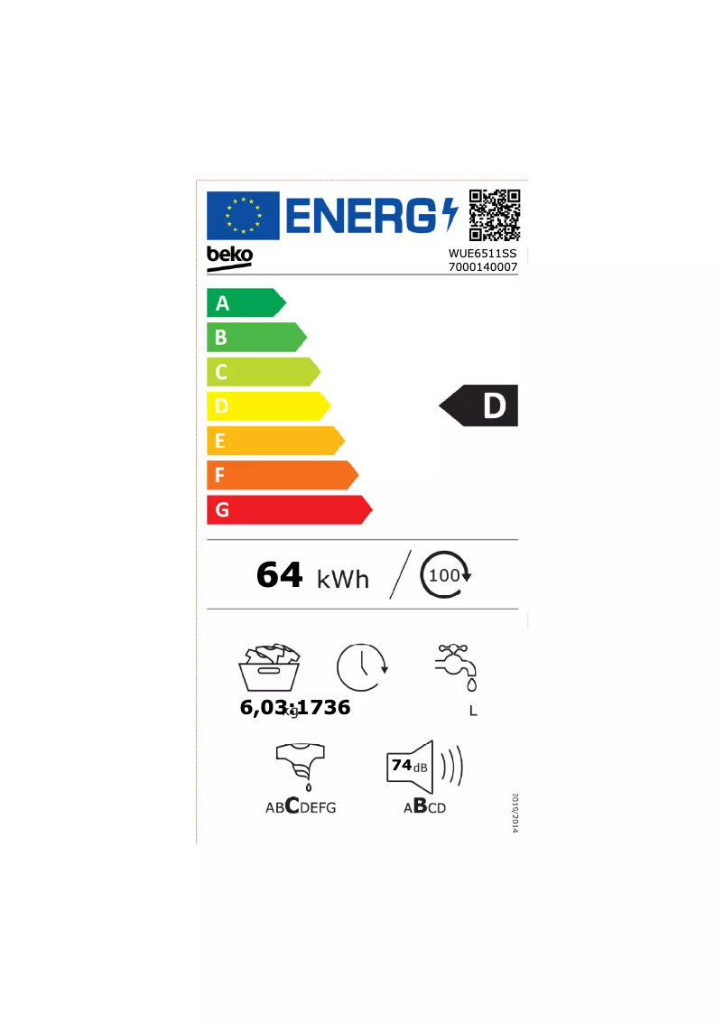 Page 1 of the manual Energy Label Beko WUE6511SS