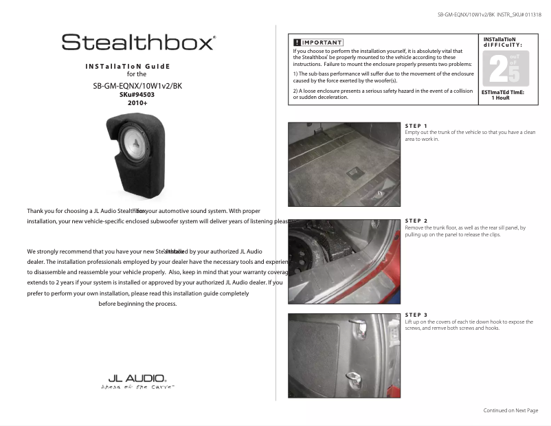 Page 1 de la notice Guide d'installation JL Audio Stealthbox SB-GM-EQNX/10W1v3
