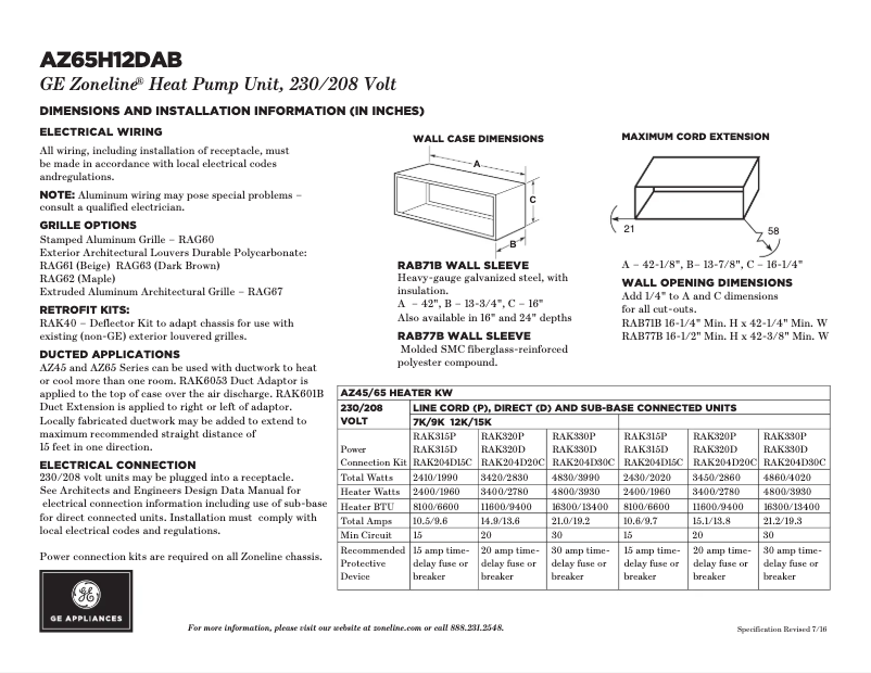 Page 1 of the manual Technical Sheet GE AZ65H12DAB
