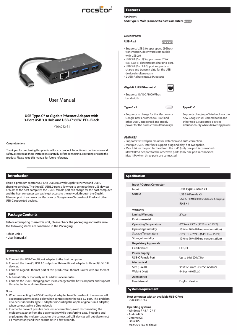 Page 1 of the manual User Manual Rocstor Y10A262-B1