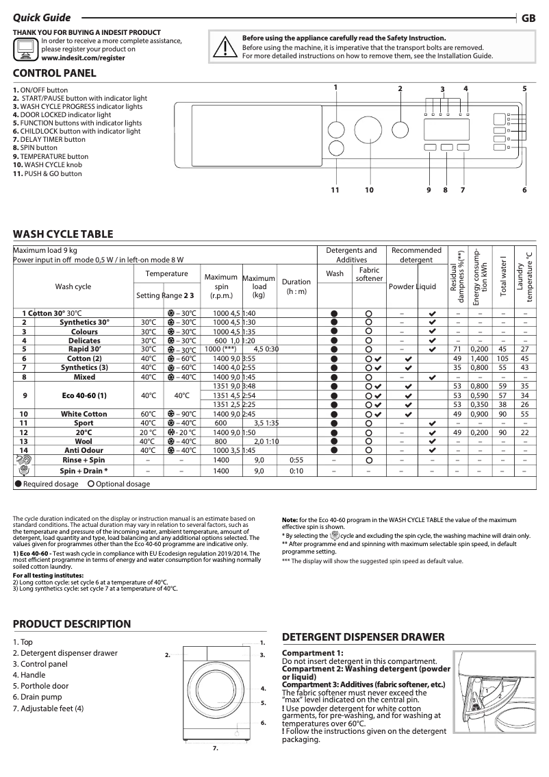Page 1 of the manual User Manual Indesit BI WMIL 91485 UK
