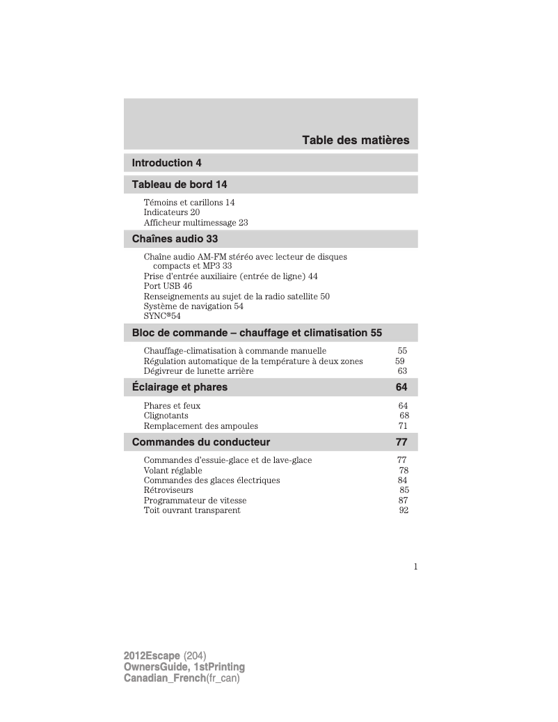 Page 1 of the manual User Manual Ford Escape (2012)