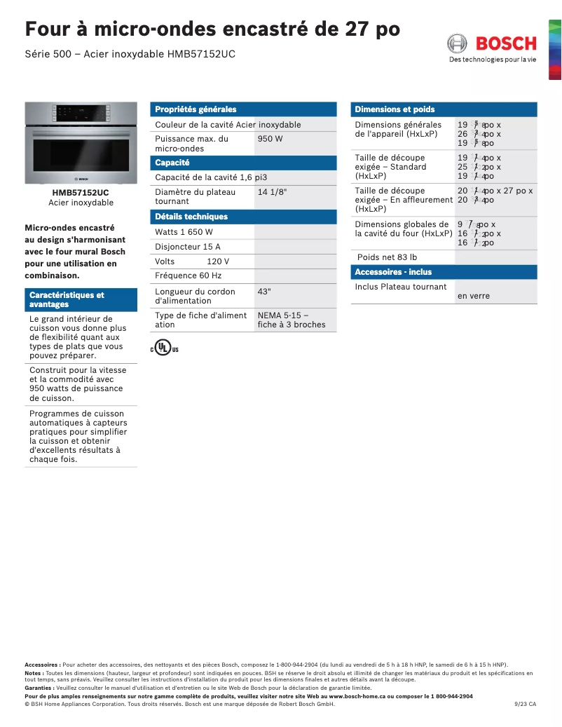 Page 1 of the manual Technical Sheet Bosch HMB57152UC