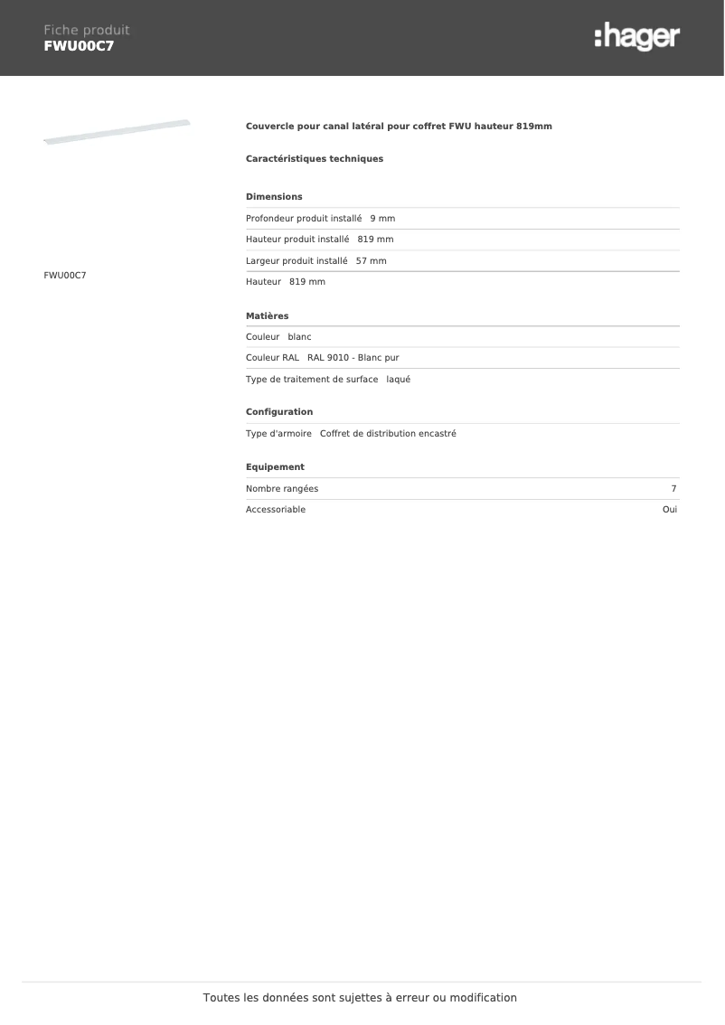 Page 1 of the manual Technical Sheet Hager FWU00C7