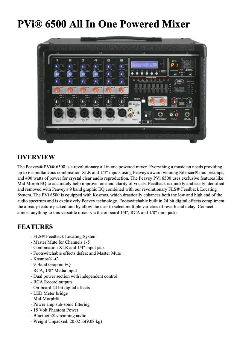 Page 1 of the manual Technical Sheet Peavey PVi 6500