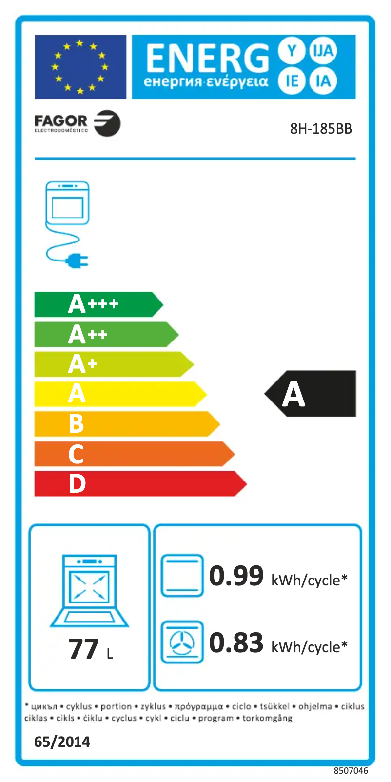 Page 1 of the manual Energy Label Fagor 8H-185BB
