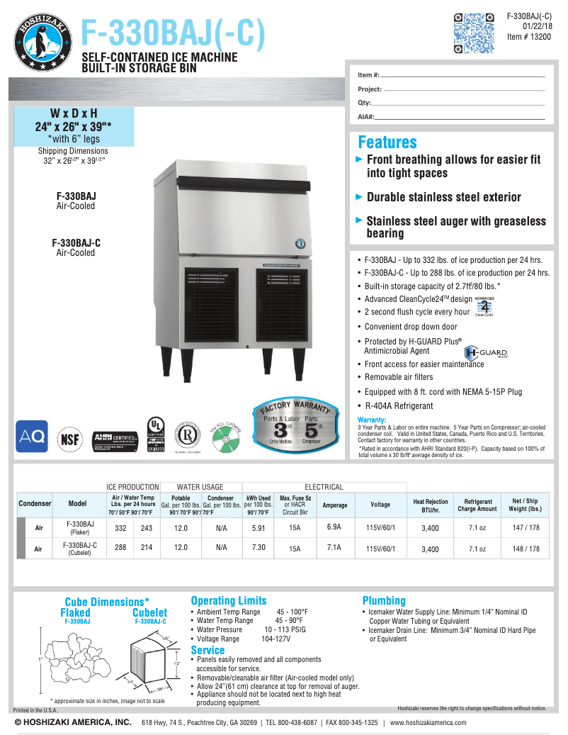 Page 1 of the manual Technical Sheet Hoshizaki F-330BAH-C