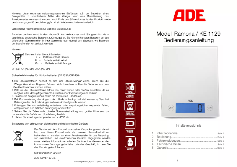 Page 1 of the manual User Manual ADE Ramona KE 1129