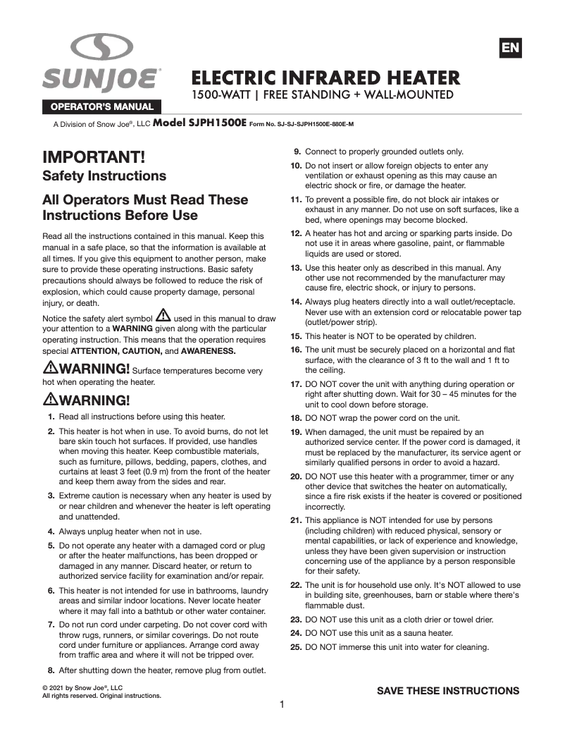 Page 1 of the manual User Manual Sun Joe SJPH1500E