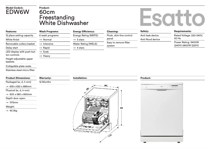 Page 1 of the manual Technical Sheet Esatto EDW6W