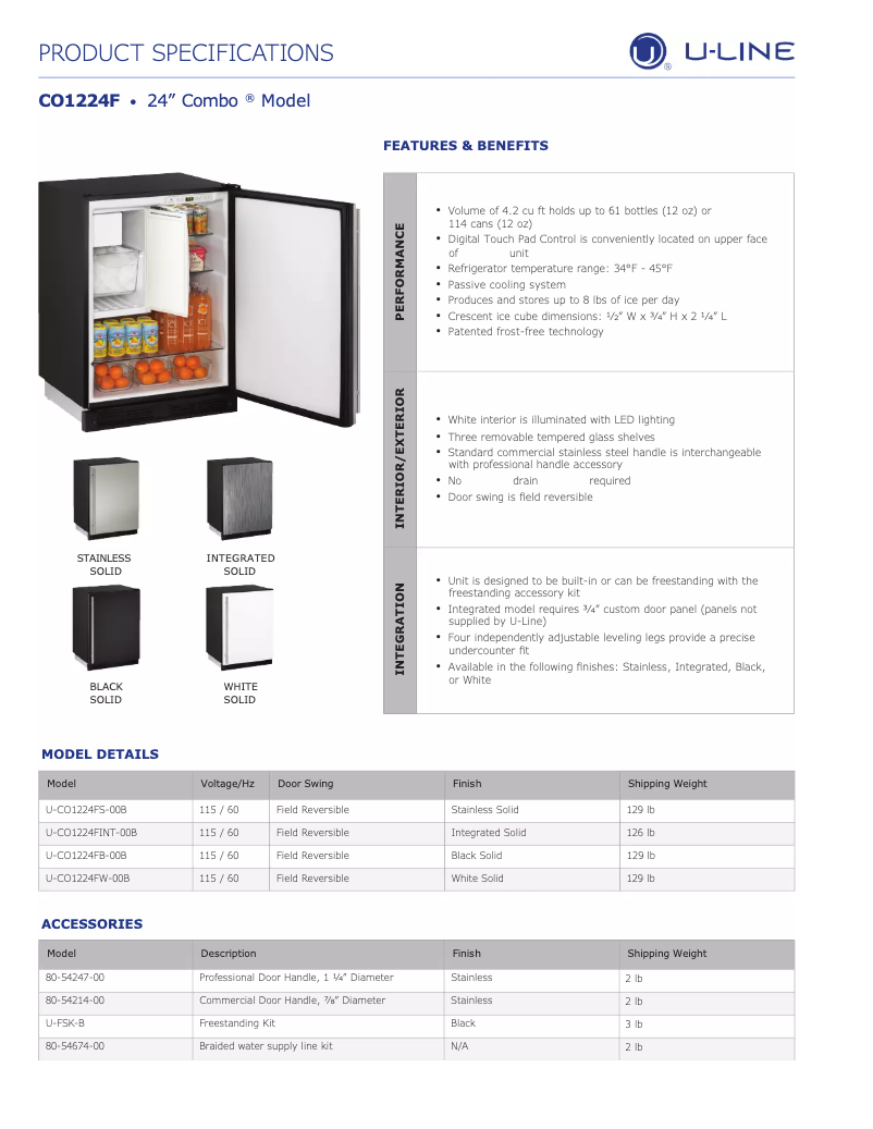 Page 1 of the manual Technical Sheet U-Line U-CO1224FS-00B