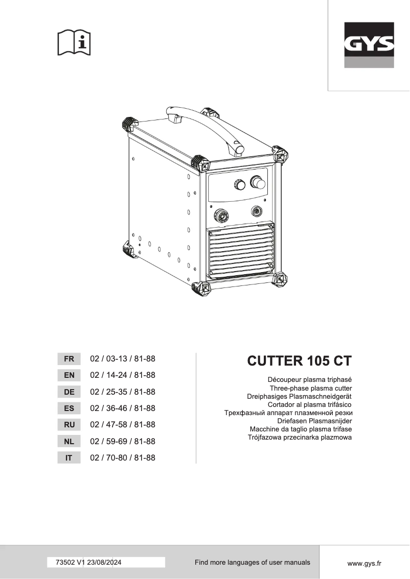 Page 1 of the manual User Manual GYS Cutter 105 CT
