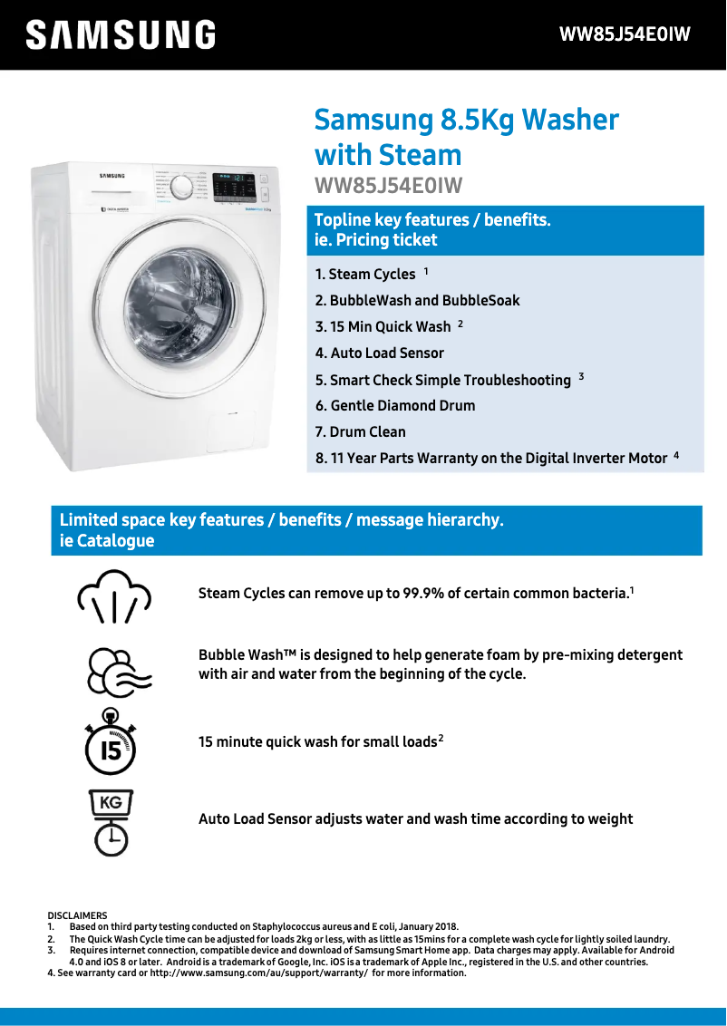 Page 1 of the manual Technical Sheet Samsung WW85J54E0IW