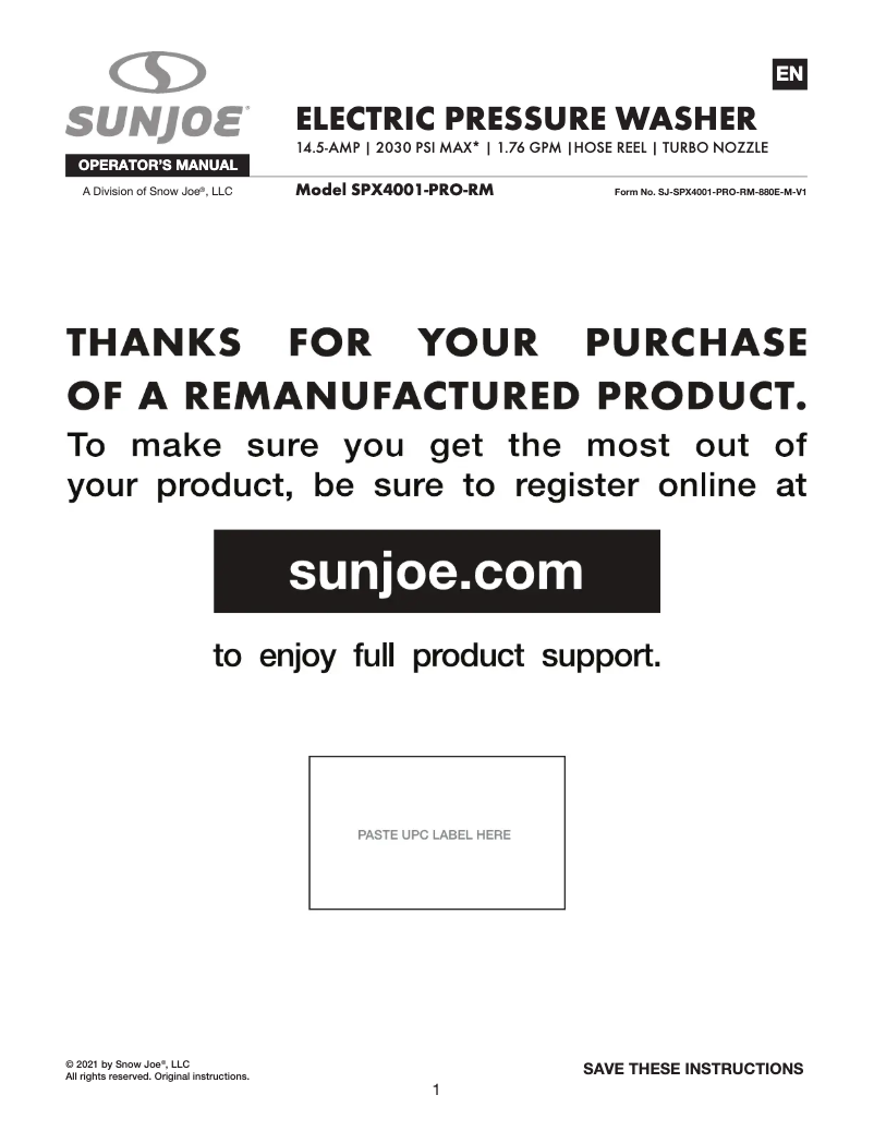 Page 1 de la notice Manuel utilisateur Sun Joe SPX4001-PRO-RM