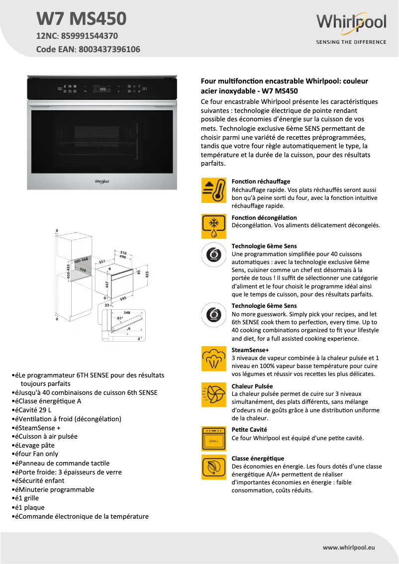 Page 1 of the manual Technical Sheet Whirlpool W7 MS450